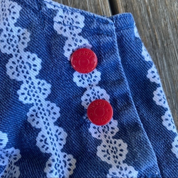 Vintage 80’s 90’s HAPPY KIDS Lace Print Ruffle Denim Overall Romper Toddler 2T - Picture 8 of 11